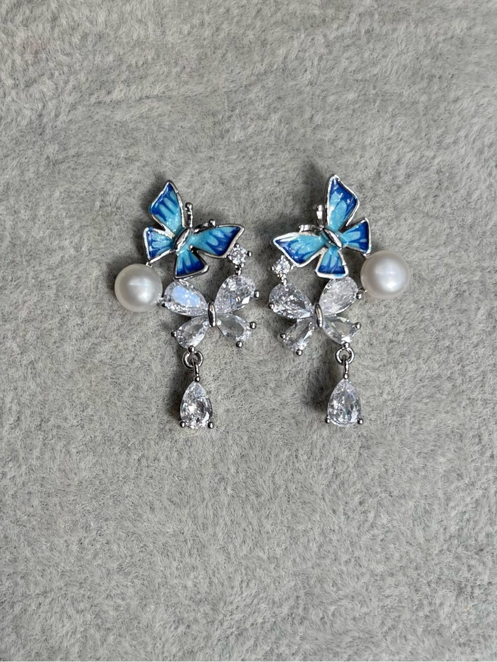 Blue Enamel Butterfly Freshwater Pearl Drop Earrings for Women-925 silver posts